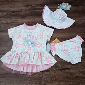 New Disney Frozen Girls Size 9/10 Elsa Anna 2 pc Bathing Swimsuit + Hat 50 SPF